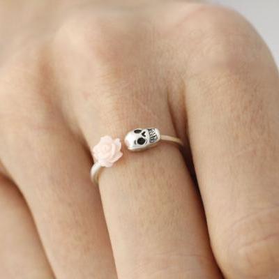 Pink Rose and Skull ring in sterling silver