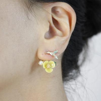 Front and Back Humming Bird and Flower Ear jacket,Wrap around dangle cuff earrings, Yellow color