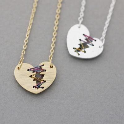 Silver or Gold Mended Broken Heart Necklace with Colour Thread