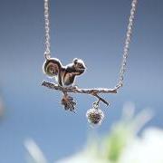 Forest Squirrel On a Branch Necklace in silver