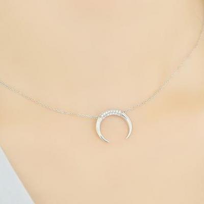 925 sterling silver Cubic detailed Upside Down Moon Necklace, Horn Charm necklace,Crescent moon necklace