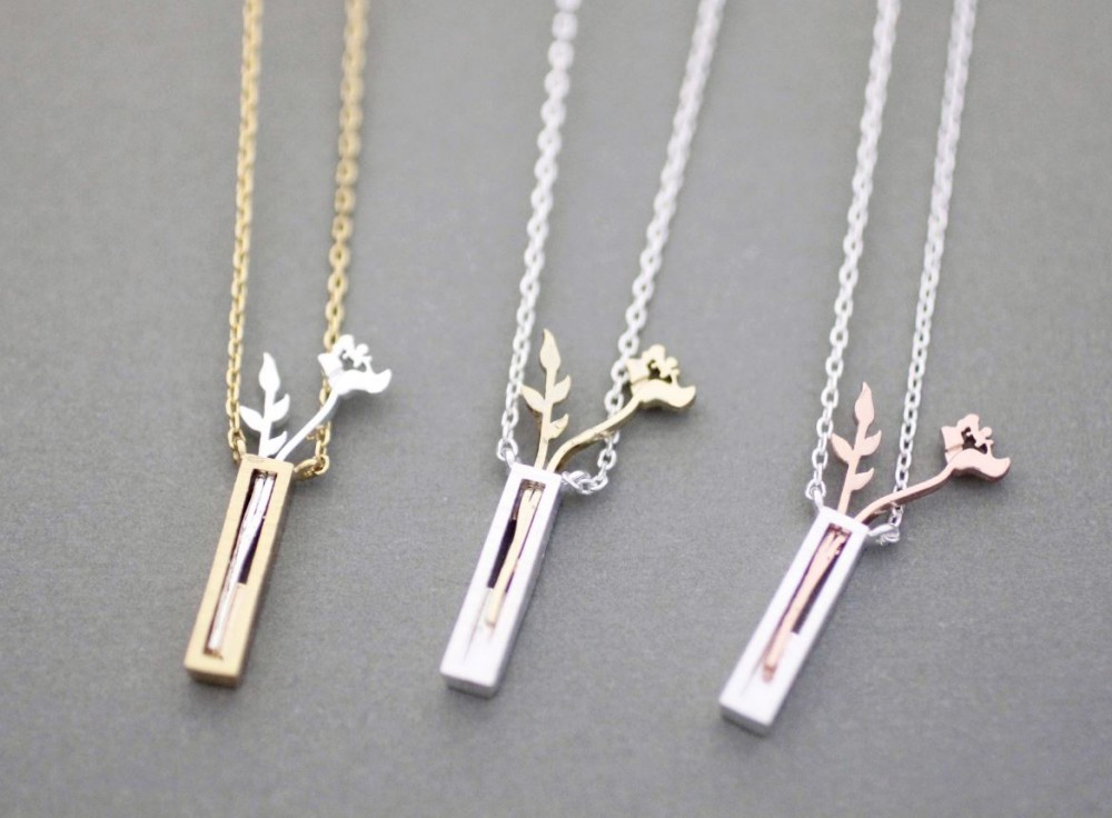 Beautiful Rose In A Flower Vase Necklace, Plant Necklace In 3 Colors on