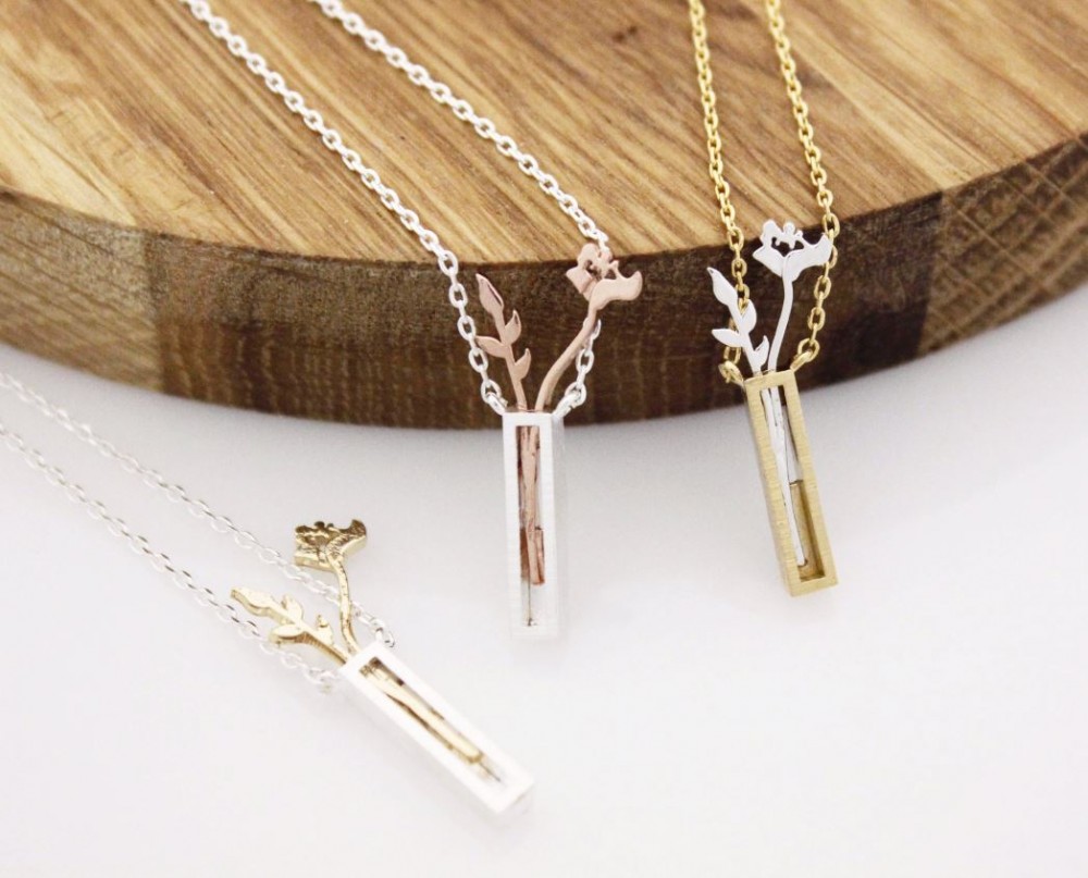 Beautiful Rose In A Flower Vase Necklace, Plant Necklace In 3 Colors on