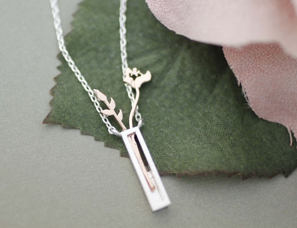 Beautiful Rose In A Flower Vase Necklace, Plant Necklace In 3 Colors on