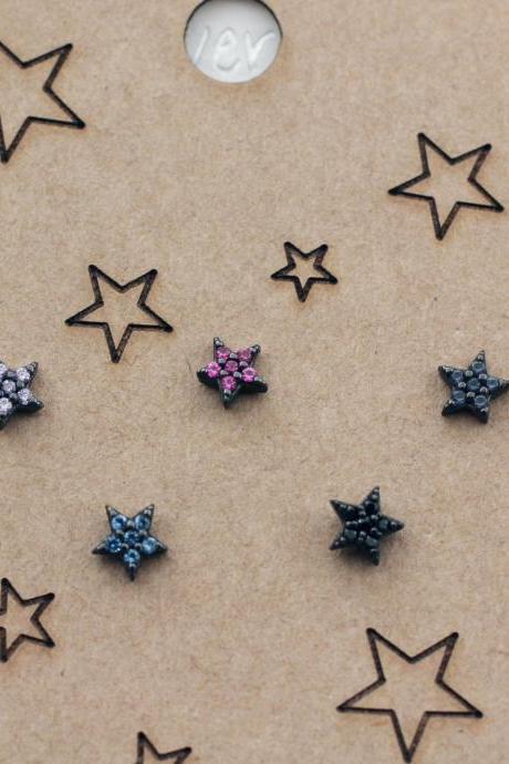 925 Sterling Silver Tiny Cubic Stars Earrings Set, Color Stars Mix And Match Earrings Set, Tiny Star Earrings, Cubic Star Earrings