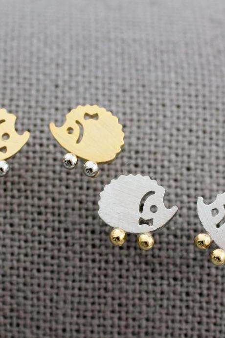Hedgehog Couple Stud Earrings, Two Tone Hedgehog Stud Earrings, Animal Earrings