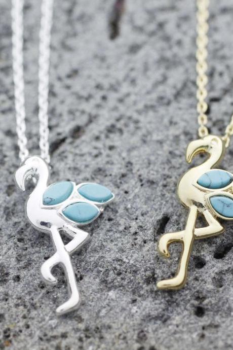 Flamingo Bird Detailed With Turquoie Necklace In 2 Colors