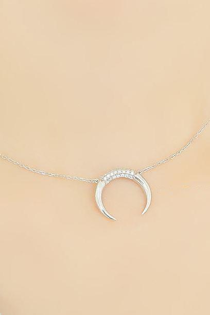 925 Sterling Silver Cubic Detailed Upside Down Moon Necklace, Horn Charm Necklace,crescent Moon Necklace