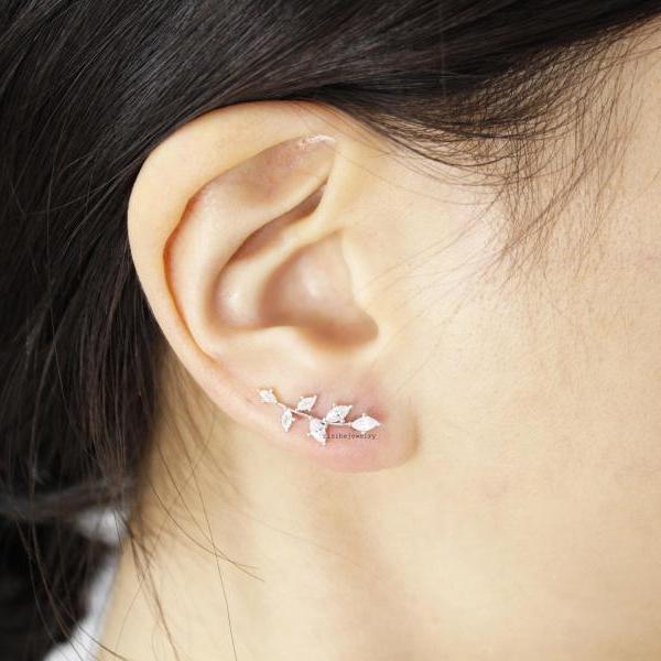 Cubic Leaf Ear Pin Earcuff Style Stud Earrings Crawler Climber This Item Is Ready To Ship In 1 3 Business Days