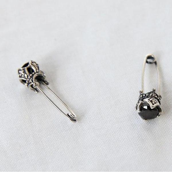925 Sterling Silver Cubic Point Crown Detail Safety Pin Ear Cuff Earrings ,Safety Pin Ear Pin